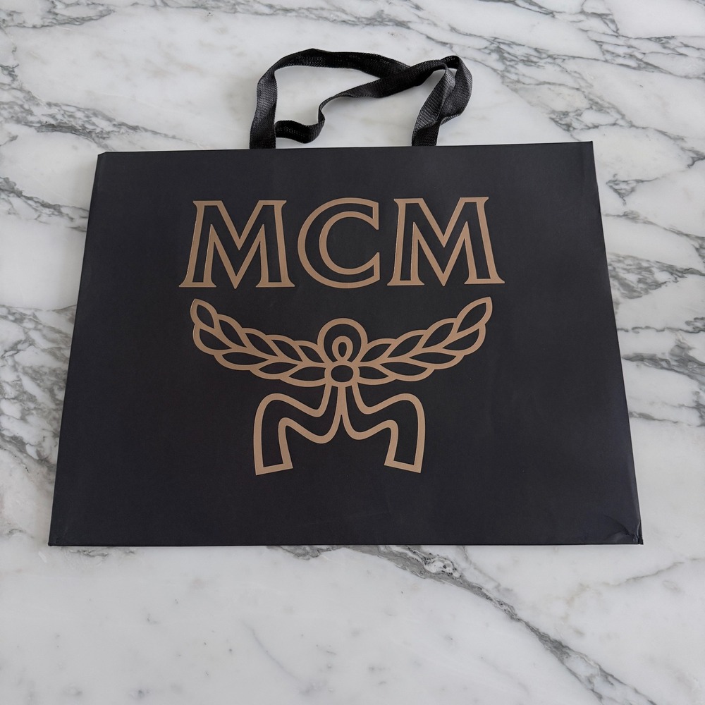 MCM Large Black Paper Shopping Bag Gold Logo Ribbon Handles 20.5x16x8"